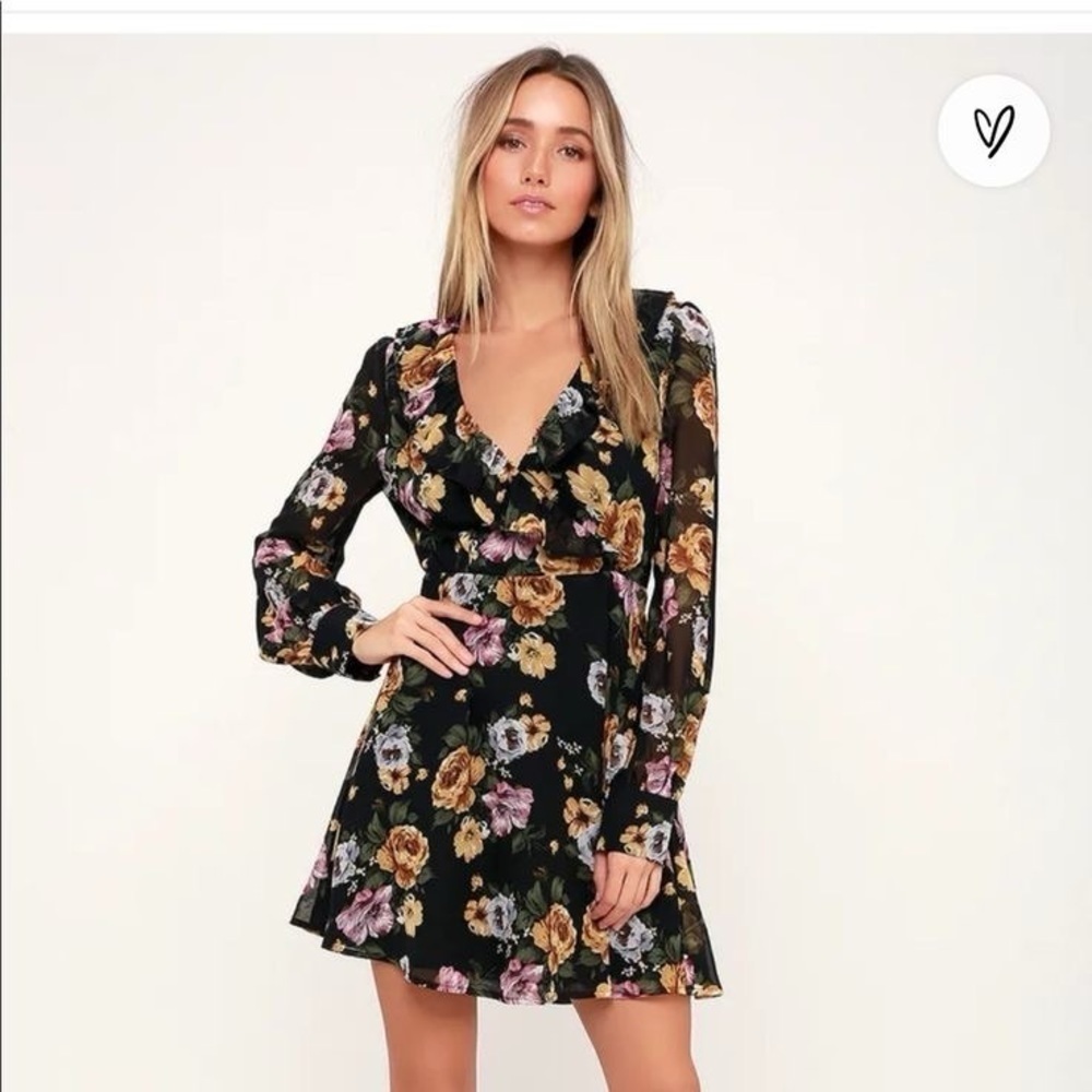 Lulu’s Love Abound Black Floral Print Long Sleeve Dress V-Neck Party Modest
